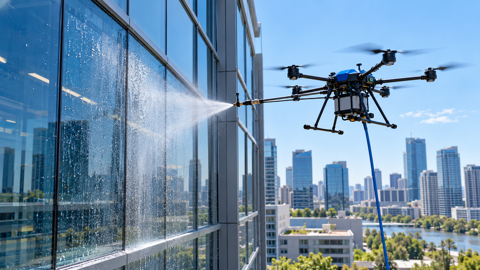 Illustration of a drone rinsing a commercial glass facade