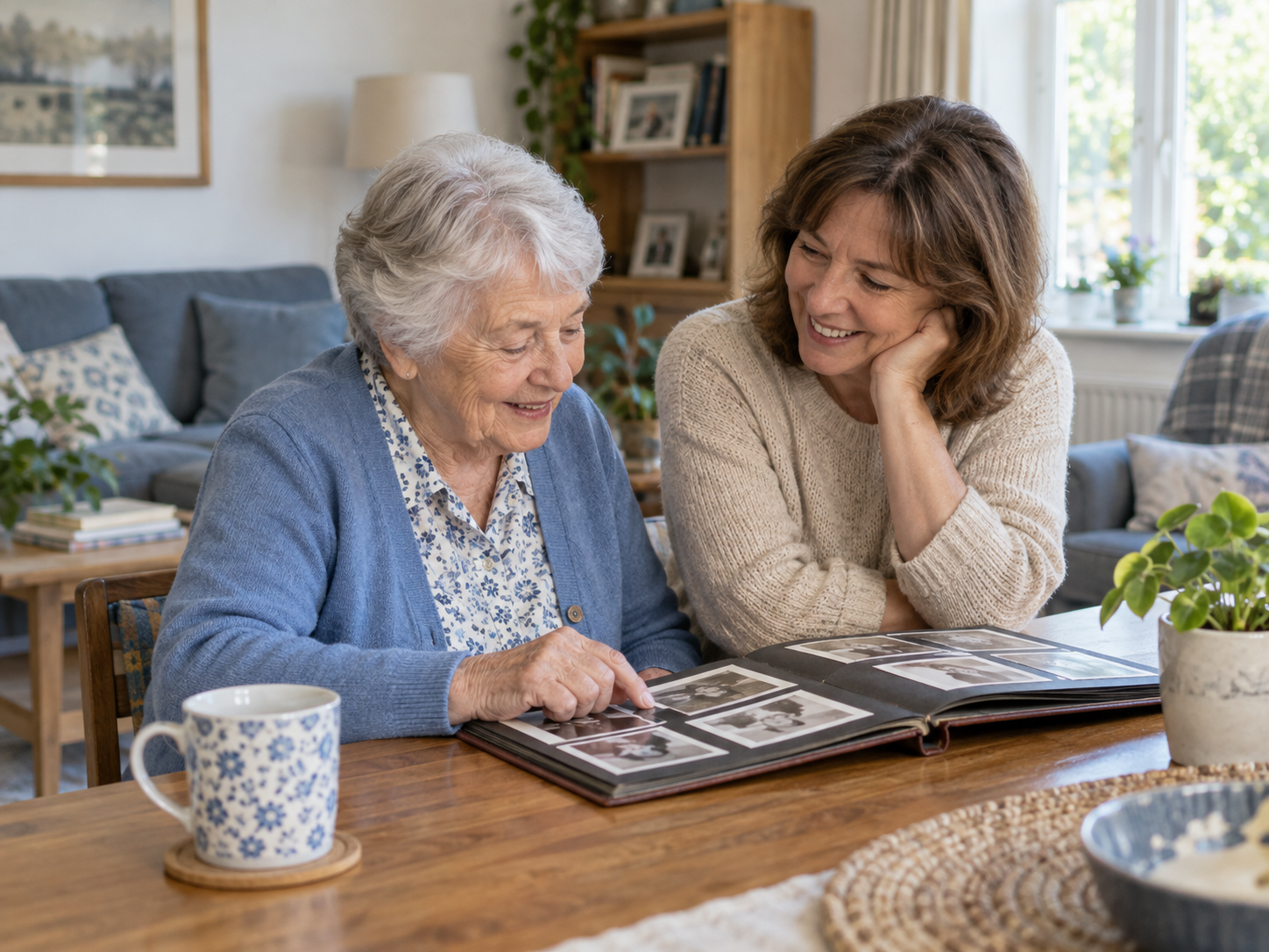 An older adult and a companion looking through a photo album at home.